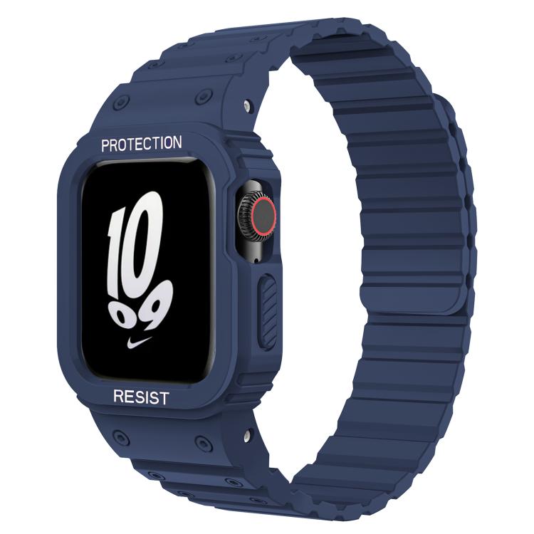 Navy silicone watch band with matching integrated case and grooved strap
