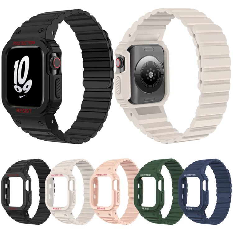 Silicone watch bands with integrated cases in black and off-white, plus color options