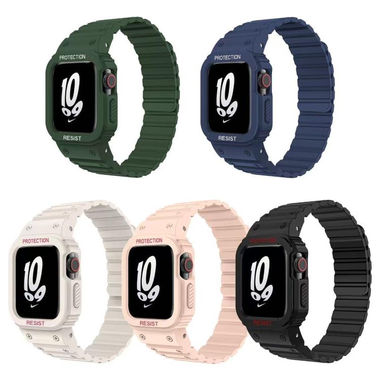 Integrated-case silicone watch bands in green, blue, off-white, pink, and black