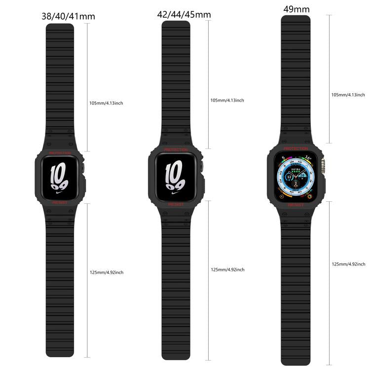 Black silicone watch band with integrated case shown in three watch sizes