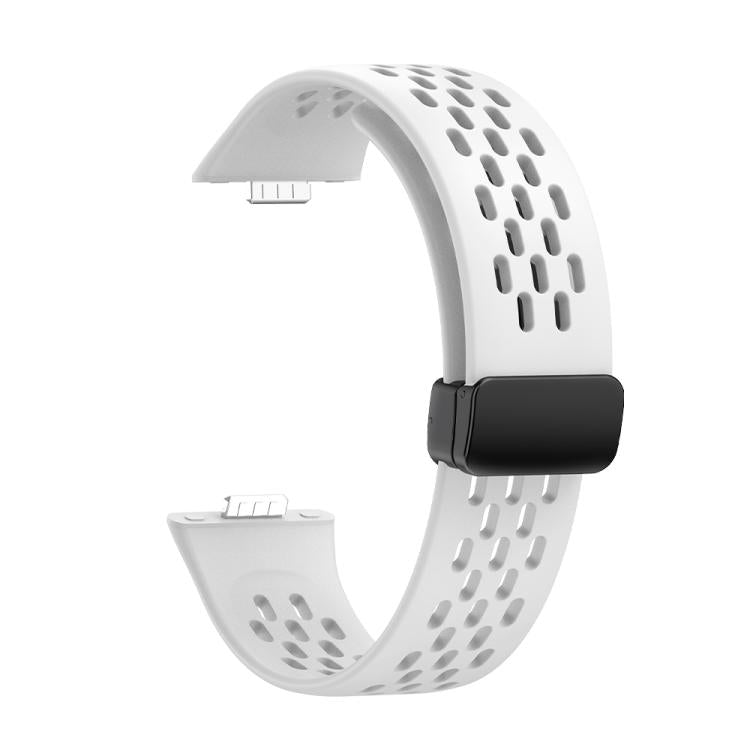 White silicone watch band with oval ventilation holes and a black magnetic buckle, alternate view