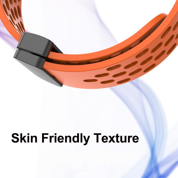 Orange perforated silicone watch band with a close-up of its black clasp