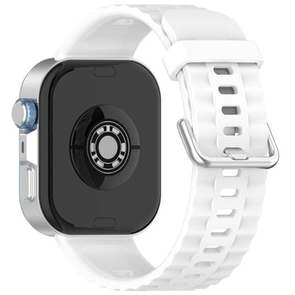 White silicone watch band with silver buckle, shown attached to a smartwatch