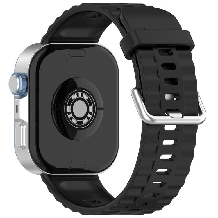 Black silicone watch band with silver buckle, shown attached to a smartwatch