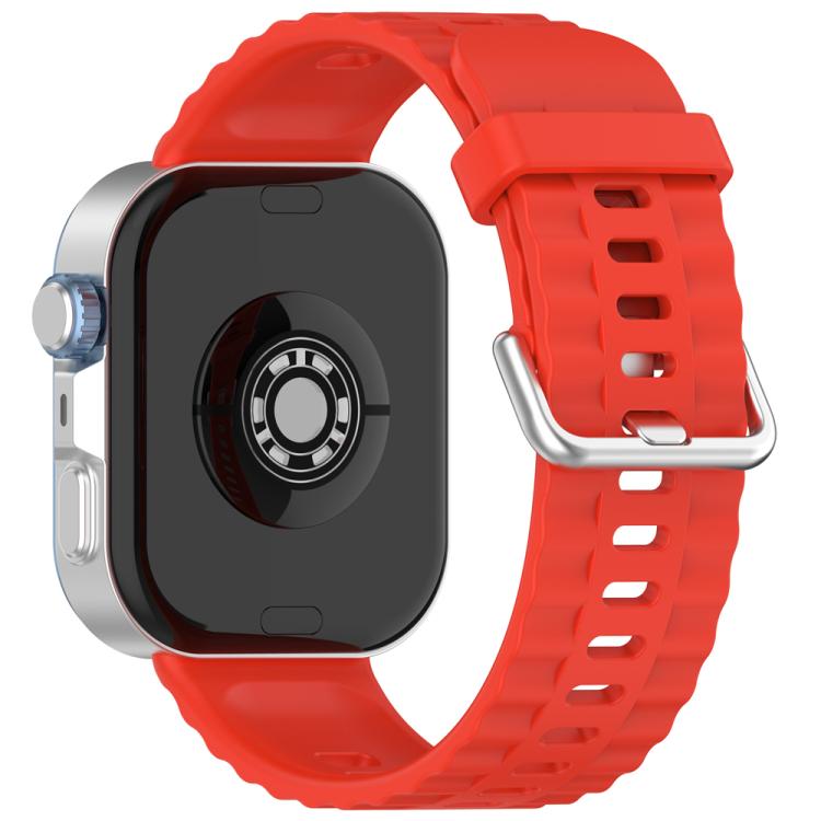 Red silicone watch band with silver buckle, shown attached to a smartwatch