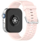 Light pink silicone watch band with silver buckle, shown on a smartwatch