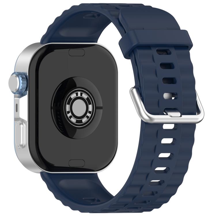 Midnight blue silicone watch band with silver buckle, shown on a smartwatch