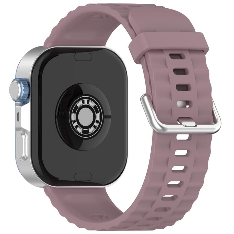 Smoky purple silicone watch band with silver buckle, shown on a smartwatch