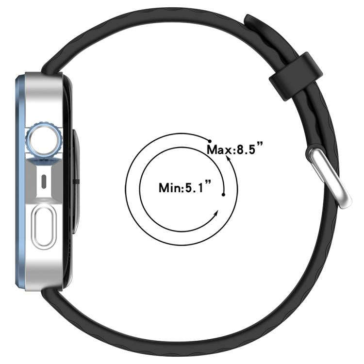 Black silicone watch band with silver buckle, adjustable from 5.1 to 8.5 inches