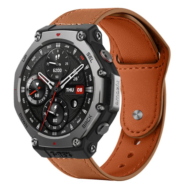 Brown leather watch band with orange-brown lining and rivet buckle
