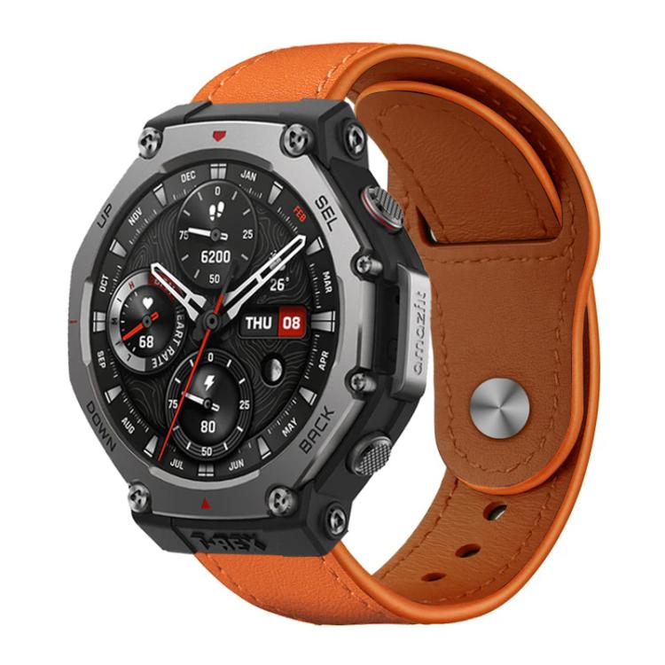 Orange leather watch band with brown lining and rivet buckle
