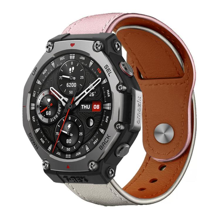 Pink and light gray leather watch band with brown lining and rivet buckle