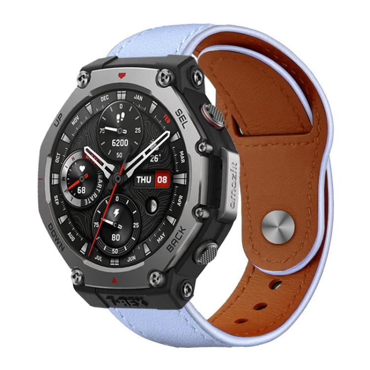 Leather watch band in pale blue with a white edge and tan underside