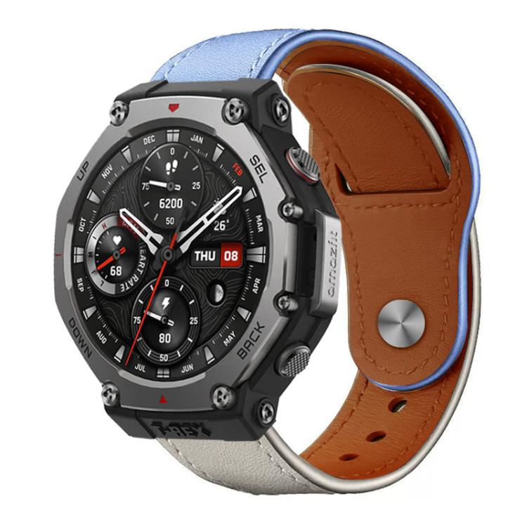 Leather watch band in pale blue with blue trim and a tan underside