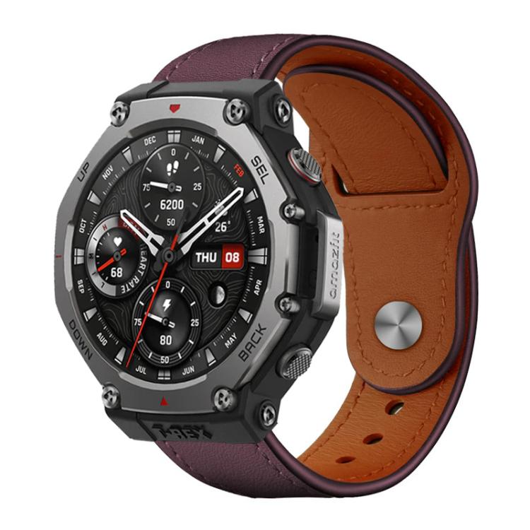 Burgundy leather watch band with a tan underside