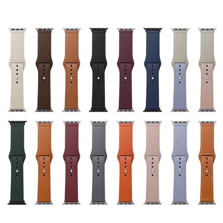 Leather watch bands in 16 colors, shown in two rows with adjustable holes and metal ends.