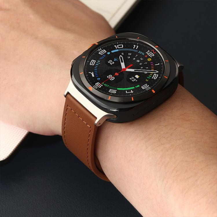 Brown leather watch band shown worn on a wrist with a round smartwatch.