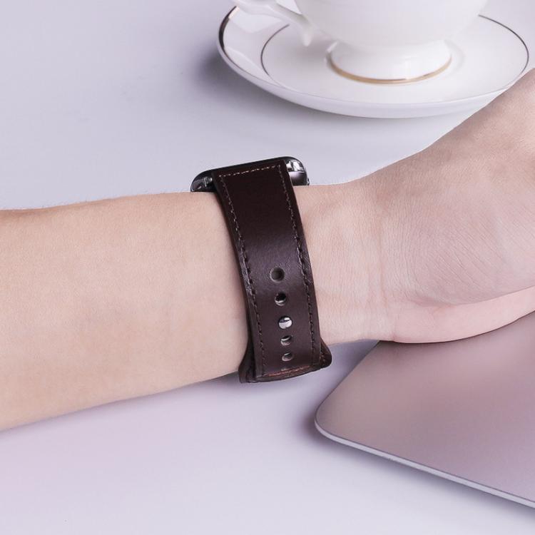 Dark brown leather watch band with stitched edges and adjustment holes