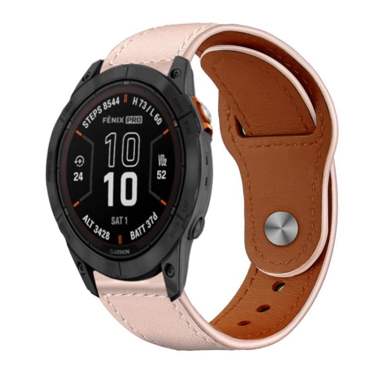 Pale pink leather watch band with brown lining and metal rivet buckle