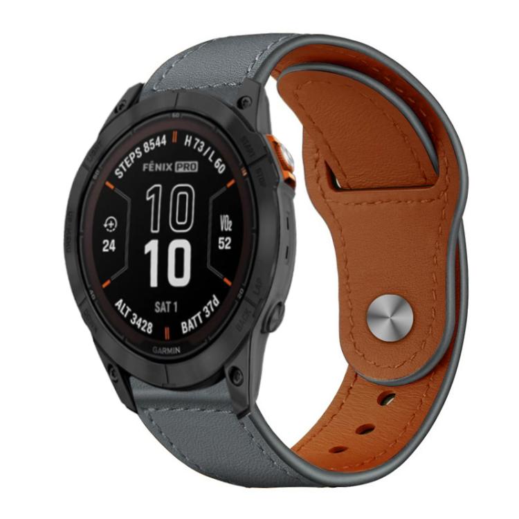 Gray leather watch band with brown lining and metal rivet buckle