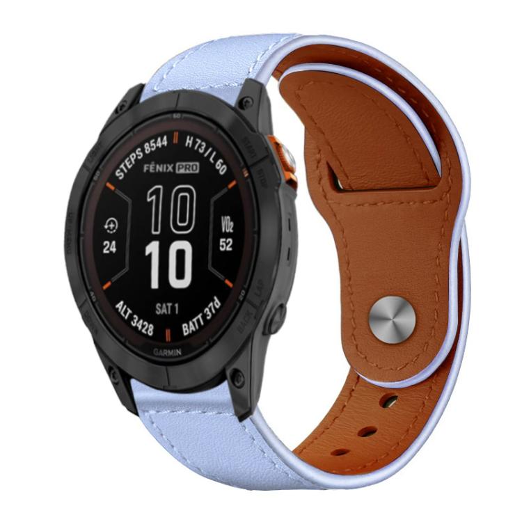 Leather watch band with pale blue outer panels, tan lining, stitching, and a metal rivet buckle
