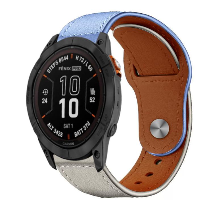 Leather watch band with pale blue and light gray panels, blue trim, and tan lining