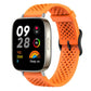 Orange perforated silicone smartwatch band shown fitted to a rectangular smartwatch