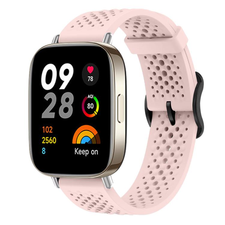Pink perforated silicone watch band shown on a smartwatch