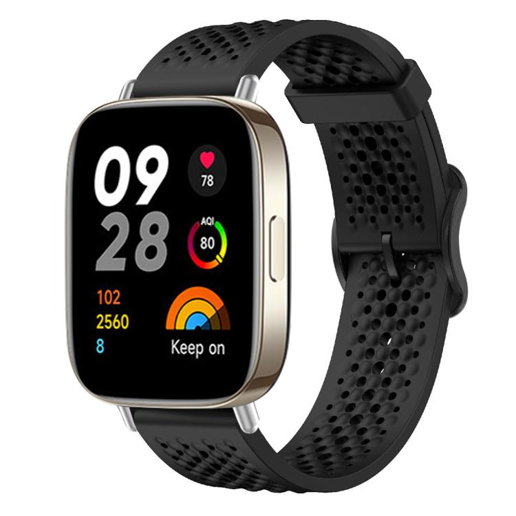 Black perforated silicone watch band shown on a smartwatch