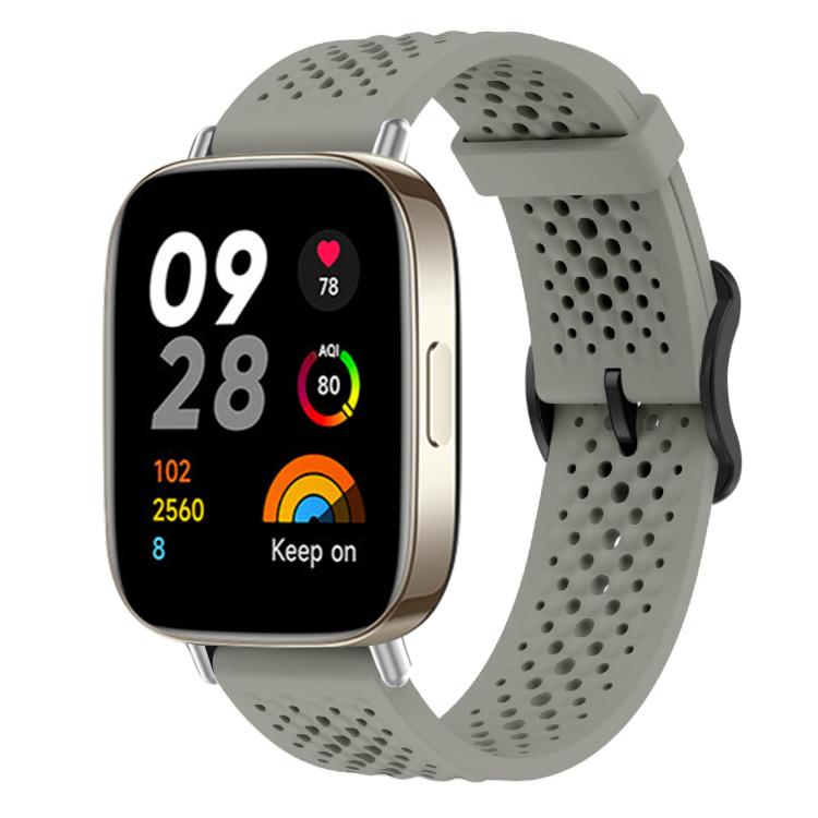 Gray perforated silicone watch band shown on a smartwatch