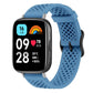 Blue perforated silicone smartwatch band shown fitted to a rectangular smartwatch