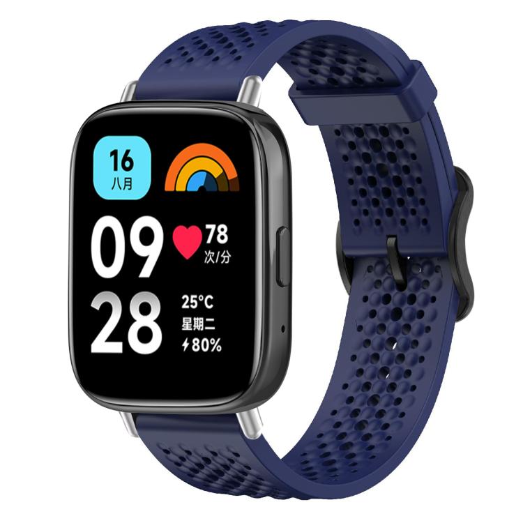 Navy blue perforated silicone smartwatch band shown fitted to a rectangular smartwatch
