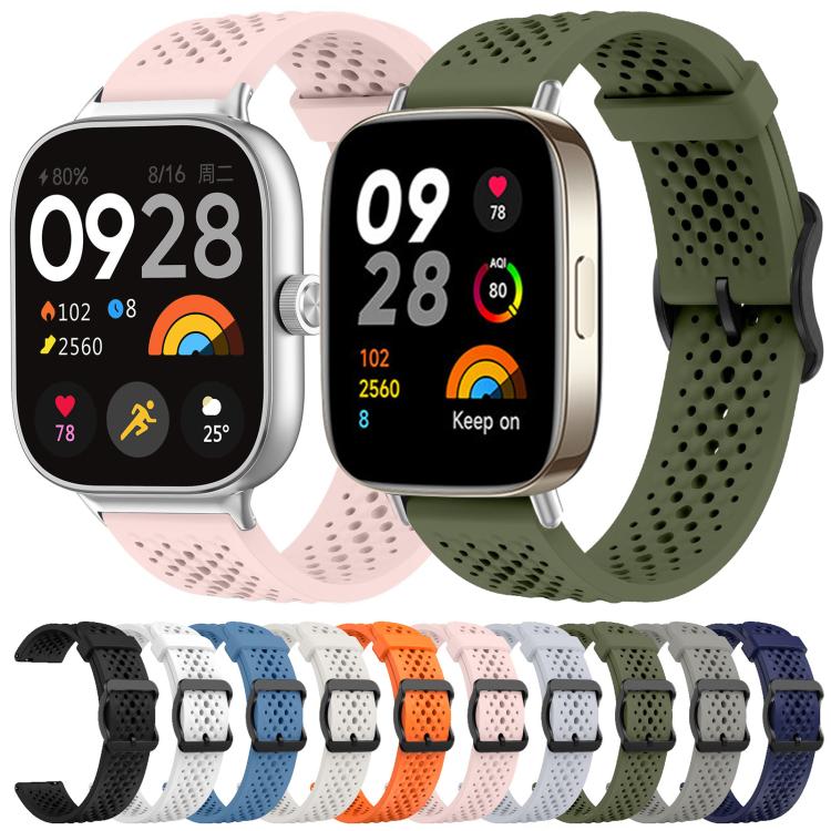 Assorted perforated silicone watch bands, shown on watches and arranged in a color lineup