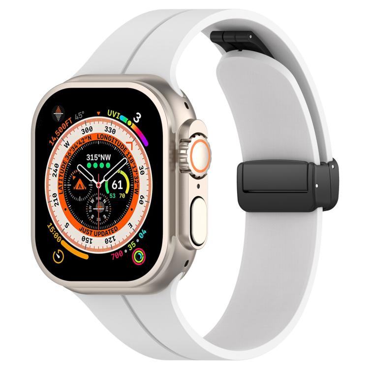 xDfind white silicone Apple Watch band with black folding buckle, shown on a watch
