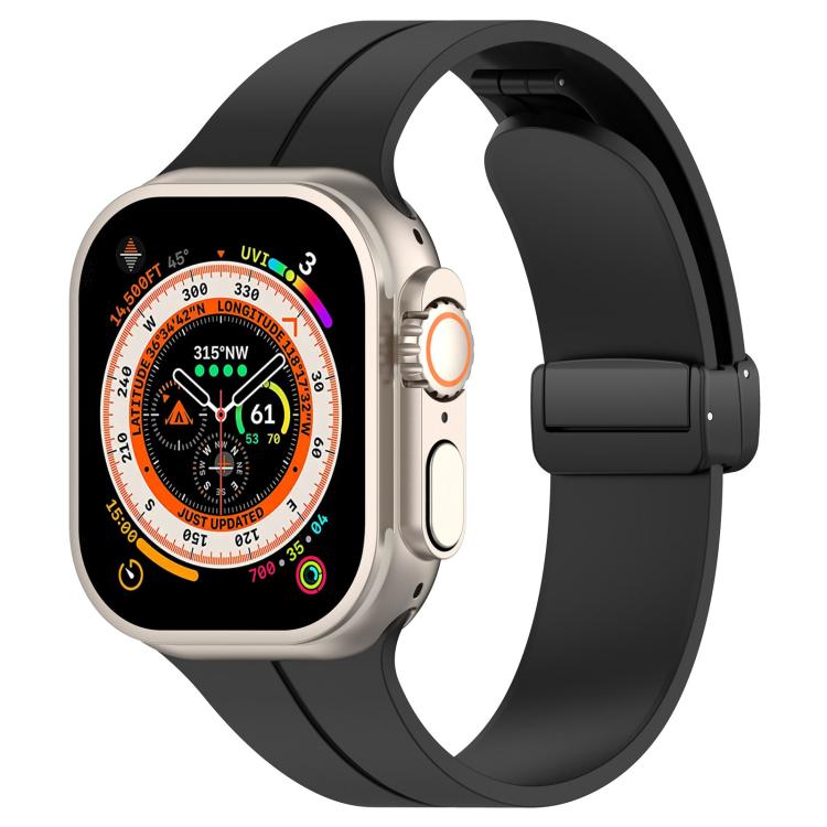 xDfind black silicone Apple Watch band with black folding buckle, shown on a watch