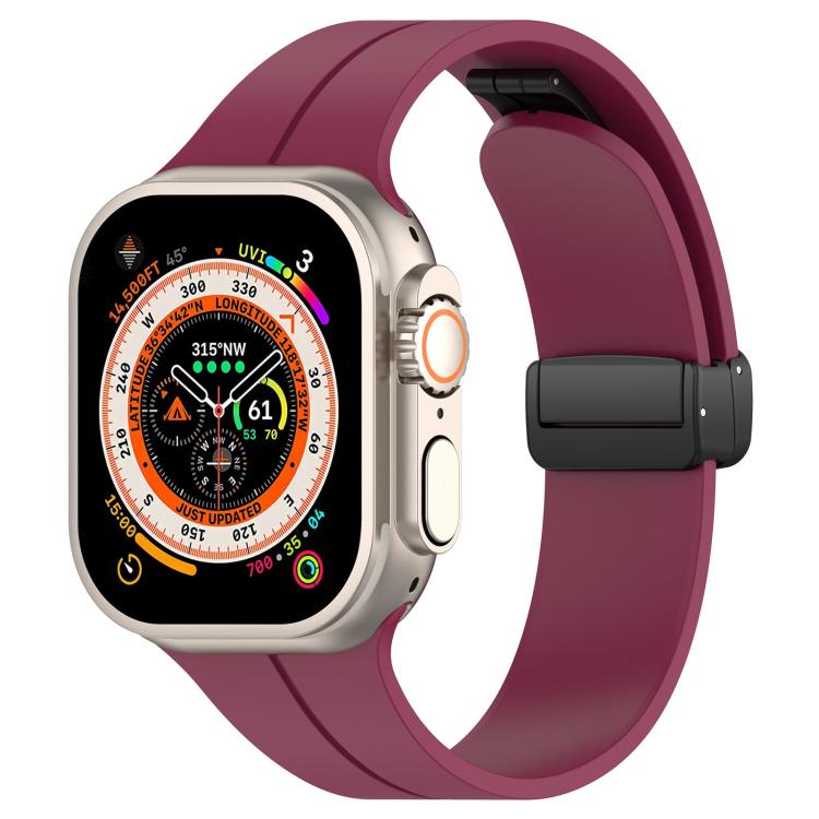 xDfind wine red silicone Apple Watch band with black folding buckle, shown on a watch