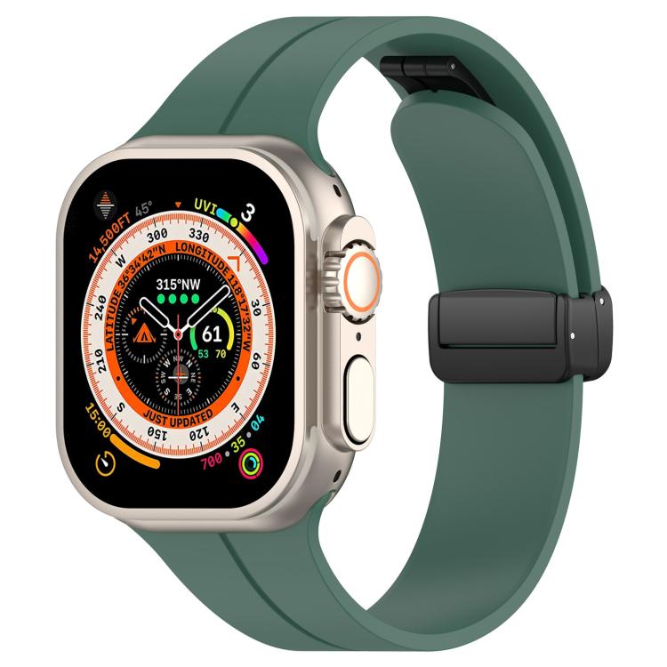 xDfind pine green silicone Apple Watch band with black folding buckle, shown on a watch