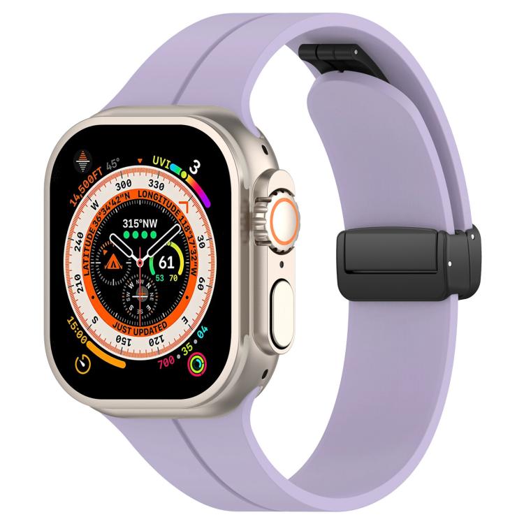 Light purple silicone watch band with black folding buckle, shown on an Apple Watch