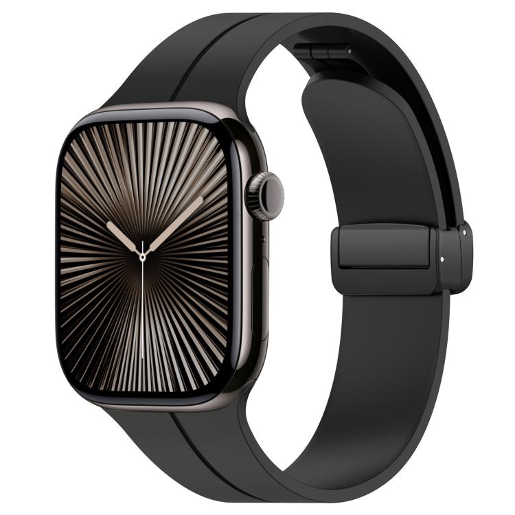Black silicone watch band with folding buckle, shown on an Apple Watch