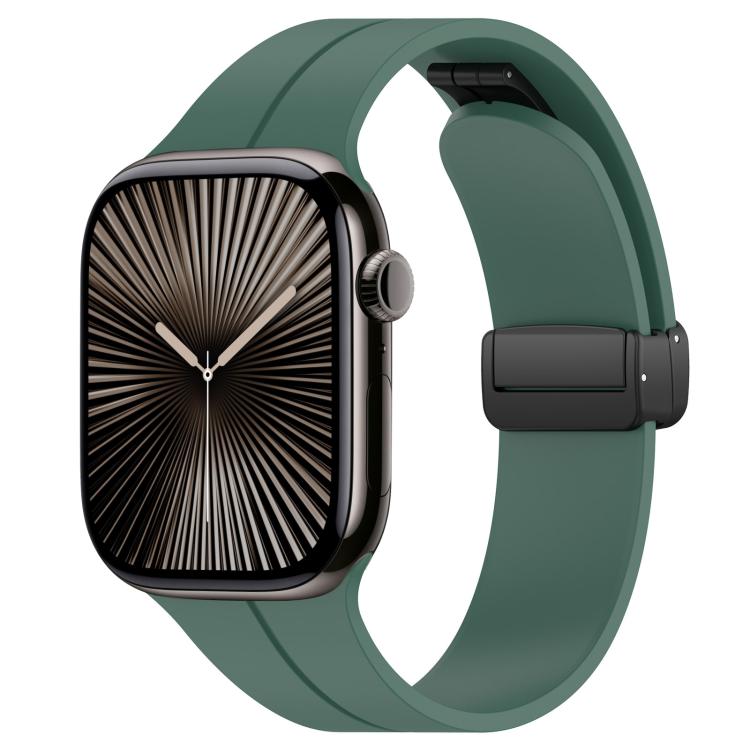 Green silicone watch band with black folding buckle, shown on an Apple Watch