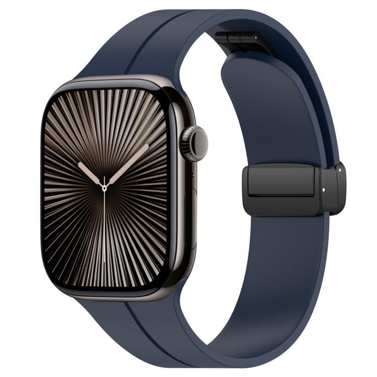 xDfind dark blue silicone Apple Watch band with black folding buckle, shown on a watch
