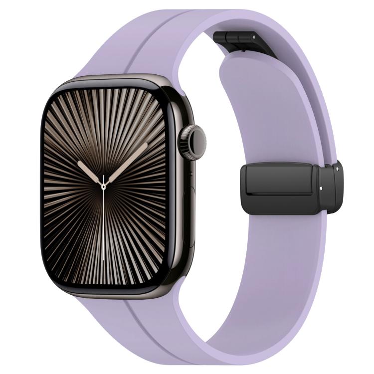 xDfind light purple silicone Apple Watch band with black folding buckle, shown on a watch