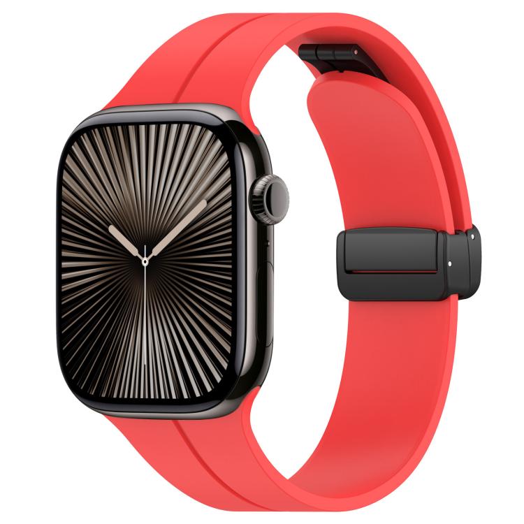 xDfind red silicone Apple Watch band with black folding buckle, shown on a watch