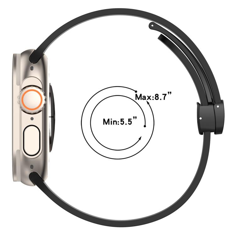 xDfind black silicone Apple Watch band shown with a 5.5 to 8.7 inch wrist fit range