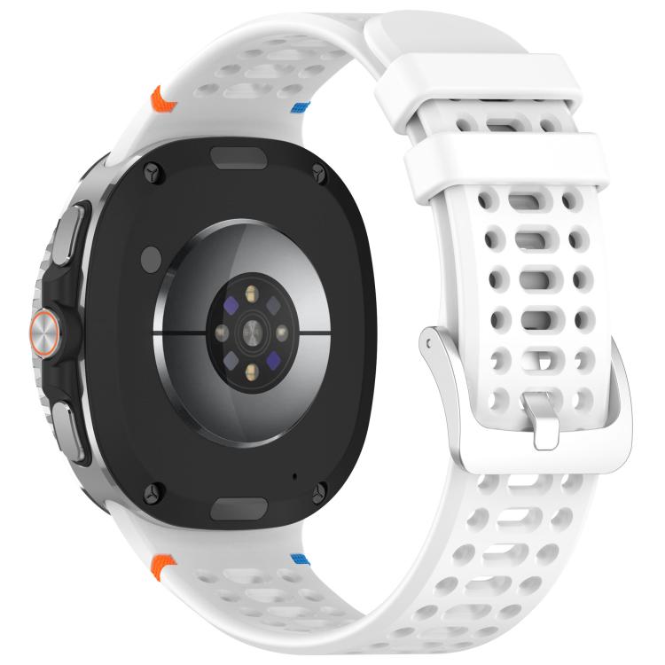 Back view of a white perforated silicone watch band with silver buckle on a smartwatch.