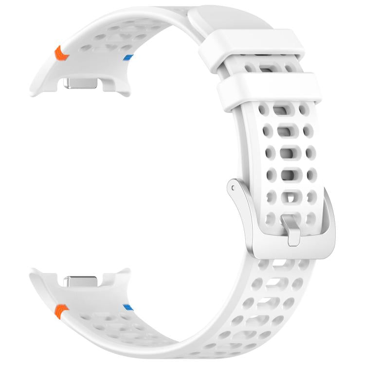 White perforated silicone watch band with silver buckle and exposed watch connectors.