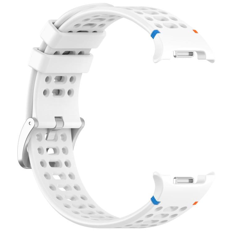 Reverse view of white silicone watch band showing perforations, silver buckle, and connectors.