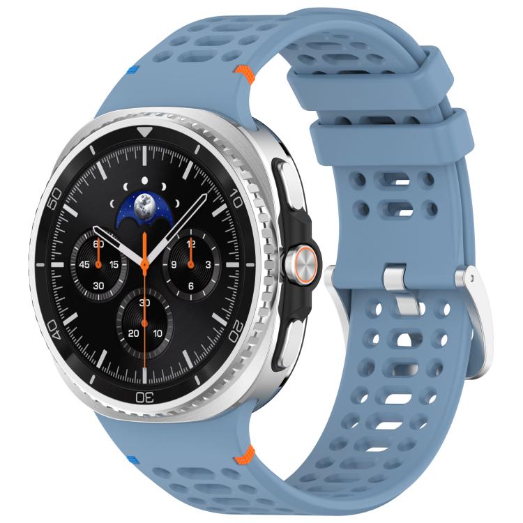 Blue breathable silicone watch band with silver buckle, shown attached to a smartwatch.