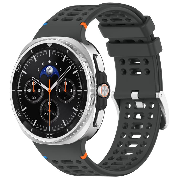 Dark gray perforated silicone watch band with silver buckle on a smartwatch.