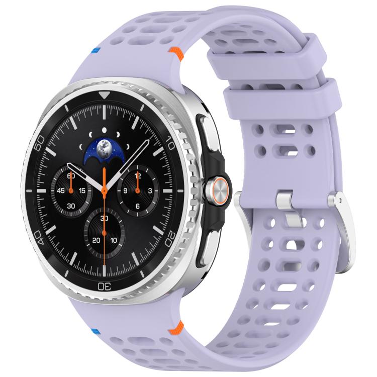 Light purple breathable silicone watch band with silver buckle, shown attached to a smartwatch.